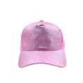 Close-up of pink sequined baseball cap featuring glitter texture and breathable mesh back - Pink