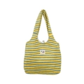 Yellow and blue striped fuzzy tote bag made of soft plush fabric with long handles - Yellow