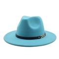 Detail of bright blue wool fedora hat featuring a black leather band and gold chain buckle - M (56-58cm) / Lake Blue