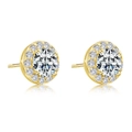 Sparkling gold halo stud earrings with a large round clear center stone and micro-pave - Round Halo Studs / Gold