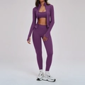 Ensemble de yoga 3 pièces violet foncé avec veste zippée, brassière et legging taille haute - S / Veste + Soutien-gorge-1 + Leggings (3 pcs) - Pourpre Foncé