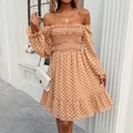 Beige polka dot off-shoulder dress with long ruffle sleeves for a chic summer look - S / Khaki