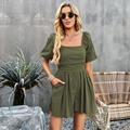 Women's military green puff sleeve romper with square neck and waist pleats - S / Light Army Green