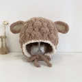 Gorro de bebé marrón con orejeras, forro de borreguito y lindos pompones dobles - Cordero de Peluche [Caqui]