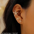 Close-up of gold starfish stud earrings and ear cuff with hammered metal texture - Earrings and Ear Clip 3-Piece Set / 1 Pair Studs + 1 Ear Cuff / KC Gold