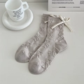 Calze grigie in stile giapponese con orsetto jacquard 3D e fiocco di raso color crema - Caffelatte