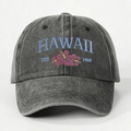 Casquette vintage gris anthracite délavé avec broderie Hawaii et fleur d'hibiscus rose - Taille unique / Noir
