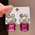 Detail of flower stud earrings with a large square purple crystal drop on S925 silver needles - Silver-Pink-Green-Purple (43# Silver Pin)