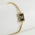 Titanium steel 18K gold letter M bracelet with black enamel pendant and box chain link - Letter M (ZH497G-M-02)