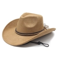Classic tan faux suede cowboy hat with woven leather band and adjustable chin strap - M (56-58cm) / Camel