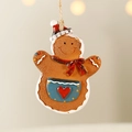 Gingerbread man ornament with red Christmas hat and blue apron hanging on twine - Type C-Apron Gingerbread Man