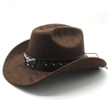 Detail of dark brown faux suede cowboy hat with black leather band and silver bull head buckle - M (56-58cm) / Brown (Suede)