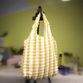 Yellow and white striped waffle texture tote bag with stylish bubble fabric design - Yellow and White Patchwork