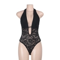 Detailed view of black lace halter bodysuit with sheer floral patterns and deep V-neckline - S / Black