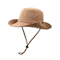 Detail of khaki outdoor bucket hat with adjustable windproof cord and side snap buttons - M (56-58cm) / Tan