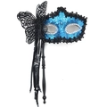 Blue sequin masquerade mask with black lace butterfly and tassel on a hand-held stick - Butterfly Tassel Handheld Style / Blue