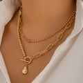 Gold double-layered necklace featuring bead chain and teardrop pendant with OT toggle - Style 1 E3/Double Layer Layering / Gold