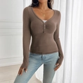 Slim fit brown V-neck long sleeve shirt with front button detail and ruching - XS / Brown