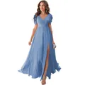 Light blue bridesmaid dress with V-neck, ruffle sleeves and high slit chiffon skirt - US size 2 (S) / Bottoms / Light Blue
