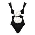 Costume intero nero con grandi fiori bianchi 3D decorativi e tagli laterali in vita - S / Costume da bagno a canotta nero