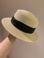 Klassischer französischer Strohhut in Hellkhaki mit breitem schwarzem Faltenband - 54cm-58cm / Beige (Schwarzes Band)