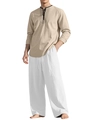 Men's khaki linen henley shirt and white beach pants set with loose-fit vacation style - Khaki + White