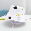 Detail of white kids bucket hat showing cute rabbit prints and adjustable chin strap - White-Black & White Rabbit