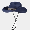 Detail of navy blue straw cowboy hat with ethnic style band and adjustable wind rope - Dark Blue