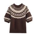 Brauner Nordic Fair Isle Strickpullover mit Retro-Puffärmeln auf weißem Hintergrund - S / Braun