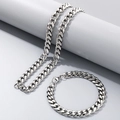 Silver stainless steel Cuban link chain necklace and bracelet set with lobster clasp - 9mm Silver / Bracelet 20CM