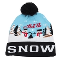 Close-up of LED knit hat with Let It Snow text and the power switch detail - SNOW Blue Black White