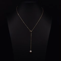 Long Y-shaped gold chain sweater necklace featuring a lustrous white freshwater pearl - Single Pearl Minimalist Y-Necklace