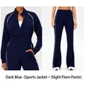 Navy blue women's yoga set with zip-up jacket and flared pants featuring white side stripes - S / Dark Blue (Sport Jacket + Flare Pants)