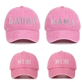 Close-up of pink family baseball caps with DADDY MAMA and MINI 3D embroidery detail - 4pcs Pink (DADDY+MAMA+2*MINI)