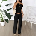 Damen-Set aus schwarzem Ein-Schulter-Oberteil und weiter Hose im lässigen Resort-Stil - S / Schwarz