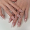 Pink cat-eye press-on nails with 3D bow and pearl accents in long ballerina shape - Glue Style (JP3290)