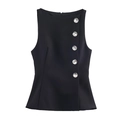 Women's black sleeveless slim top featuring large decorative rhinestone buttons on the side - XS / Black