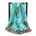 Lake blue satin square scarf with golden chain floral print and leopard pattern design - Chain Gemstone Green (SD90-25-4)