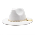 Close-up of white wool fedora with elegant gold chain, pearls and beige tassel detail - M (56-58cm) / White