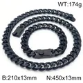 Black 13mm stainless steel Cuban link necklace and bracelet set for men hip hop style - Style B (13mm) / Bracelet 21cm + Necklace 45cm / Black