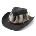 Black straw cowboy hat with bohemian feather trim and beaded band for beach travel - Black