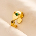Detail of 304 stainless steel hammered gold ring with green gemstone eye design - Gold Green Gemstone Style (J514-G-G)
