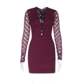 Detailed view of the deep V-neckline and intricate floral lace on the burgundy mini dress - XS / Burgundy
