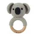 Handmade crochet koala baby rattle with natural wooden ring and I Love Mom engraving - Koala