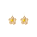 Detail of handmade raffia flower earrings with beige petals and yellow centers on gold hooks - Light Coffee