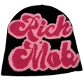 Black knitted beanie hat with pink Rich Mob lettering, stylish winter headwear for adults - Black+Rose Red