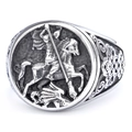 Vintage stainless steel signet ring featuring Saint George and the Dragon knight design - US 7 / Round Style / Steel Color (01407)
