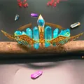 Close-up of handmade gold wings and colorful crystals on an enchanted bridal headband - Light Blue Crystal + Gold Wings
