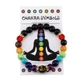 Macro shot of 7 Chakra lava stone bracelet on descriptive white product card - Matte Black + Double 7 Chakra
