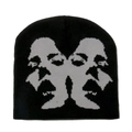 Close-up of black knitted beanie featuring gray jacquard symmetric face profile patterns - M (56-58cm) / Black and Gray